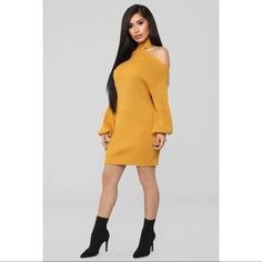 Color: Mustard Sweater Mini Dress Choker Neckline Single Cold Shoulder Stretch 100% Cotton Casual Winter Midi Dress For Brunch, Trendy Winter Brunch Dresses, Yellow Dress For Date Night In Fall, Yellow Casual Mini Dress For Fall, Yellow Mini Dress For Fall Brunch, Yellow Midi Dress For Fall, Fall Yellow Mini Dress For Date Night, Fashion Nova Black Dress, Mustard Fashion