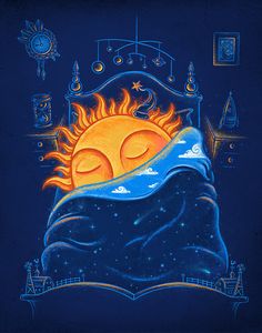 a drawing of a sun sleeping in bed with the night sky and stars above it