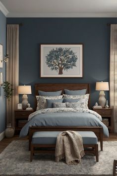 home interior design, interior bedroom design, kitchen designs, living room interior Blue And Brown Bedroom Ideas, Blue And Brown Bedroom, Living Room Zones, Cherry Bedroom Furniture, Dark Brown Furniture, Brown Rooms, Brown Bedroom, Bedroom Wall Colors, Brown Furniture