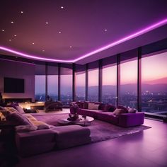 a living room filled with lots of furniture and large windows overlooking the city at night