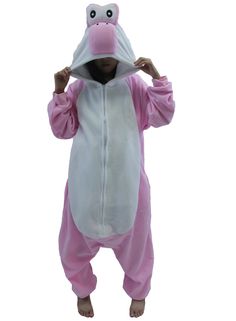 a person in a pink and white animal onesuit is covering his face with one hand