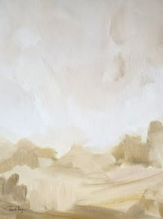 an oil painting of a field with trees and clouds in the distance, on a white background