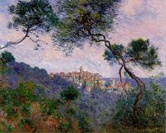 a painting of some trees and buildings in the distance with clouds above them, on a hill