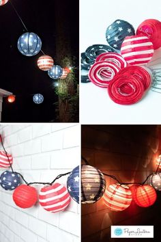 patriotic lanterns are hung on the wall and strung with string lights in different colors, shapes and sizes