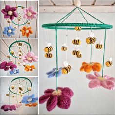 crocheted flowers and bees are hanging from the ceiling in different colors, shapes and sizes