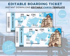 two boarding tickets with an image of a world map on them and the words, editable boarding ticket instant