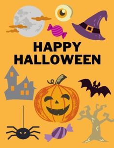 a happy halloween card with pumpkins, bats and other decorations on an orange background