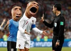 two soccer players with their mouths open and one is screaming at the referee's