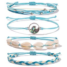 PRICES MAY VARY. Bracelets Pack: This four-piece pack features a cowrie shell charm bracelet, a mother of pearl wave charm bracelet, a simple friendship bracelet and a bead multi strand bracelet. Trendy Bracelets: Set on a simple string band, each bracelet includes a cutout wave charm. It nails that effortless surf style you’ll want to wear all summer. Wax Coated Strings: Wax-coated ropes will not fade or disintegrate when they come into contact with water. Boho Jewelry: Those braid bracelets pe Shiny Bracelets, Friendship Bracelets Easy, Surf Jewelry, Handmade Friendship Bracelets, String Bracelets, Bracelet Pack, Boho Wrap Bracelet, Wave Bracelet, Trendy Bracelets