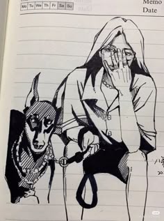 a drawing of a person with a dog in front of them on a piece of paper