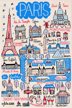 an illustrated map of paris with the eiffel tower in red, white and blue