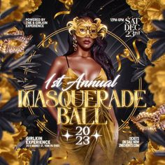 a flyer for a masquerade ball featuring a woman in gold