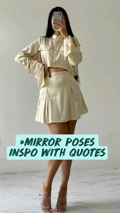 a woman taking a selfie with her cell phone in front of her face and the words mirror poses inspo with quotes