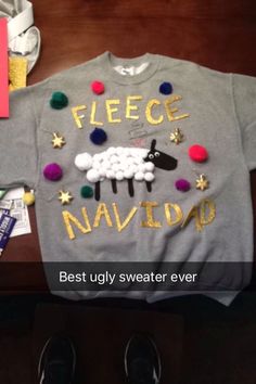 an ugly sweater that says fleece naviddo with sheep on it and the words best ugly sweater ever