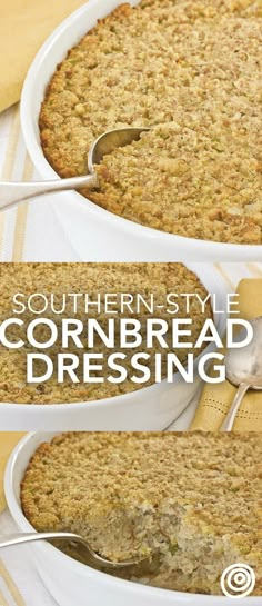 cornbread dressing in two white serving dishes with spoons on the side and text overlay that reads southern style cornbread dressing