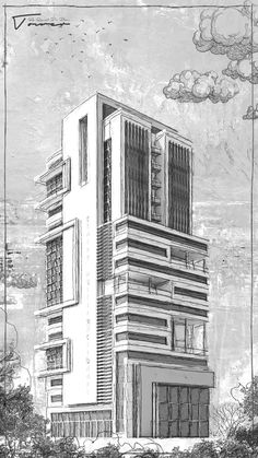 a black and white drawing of a tall building