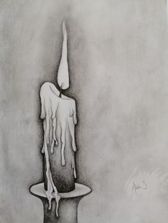 a black and white drawing of a candle with liquid pouring out of it's top