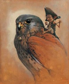 a painting of an owl riding on the back of a bird