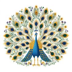 a peacock with its feathers spread out in the shape of a circle on a white background