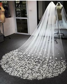 a wedding veil with white flowers on it