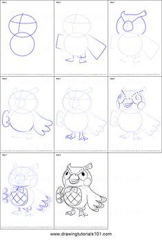 how to draw an owl with different shapes and sizes for children's art projects