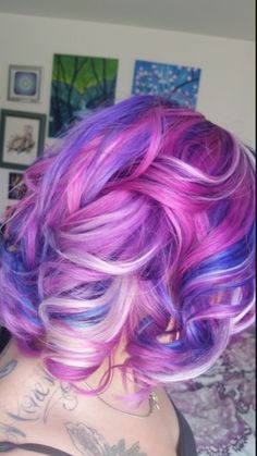 Pastel Vivid Hair Color, Pink Vivid Hair, Pink Vivid Hair Color, Pink Purple Blue Curly Hair, Pink Hair Highlights