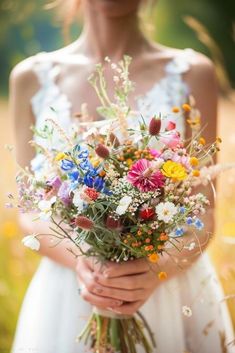 a woman in a white dress holding a bouquet of wildflowers and daisies