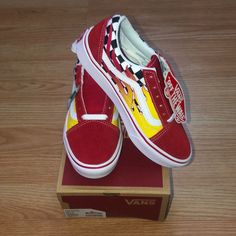 Comfycush Old School Red Yellow Checkers. Red Fire Vans, Vans Red, Shoes Vans, Vans Old Skool Sneaker, Vans Authentic Sneaker, Vans Shoes, Vans Sneaker, Red Yellow, Kids Shoes