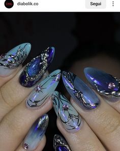 Gothic Mermaid Nails, Corpse Bride Nail Designs, Fantasy Nails Designs, Avatar Nails, Short Coffin Nails Designs, Witchy Nails, Punk Nails, Fantasy Nails, Gothic Nails