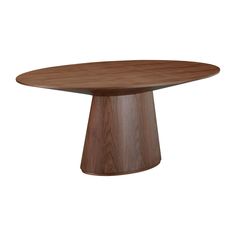 an oval wooden table with two legs and a circular top, on a white background