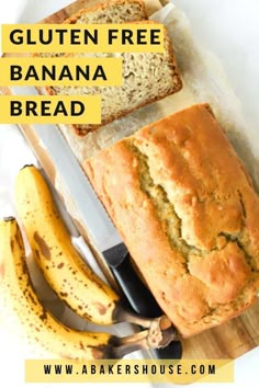 gluten free banana bread on a cutting board with bananas