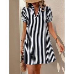 -Item Id 38020378 -Details: Zipper -Neckline: Notched -Sleeve Type: Puff Sleeve -Style: Casual -Type: A Line -Waist Line: Natural -Hem Shaped: Straight -Color: Black -Pattern Type: Colorblock, Striped -Sleeve Length: Short Sleeve -Length: Knee Length -Fit Type: Loose -Fabric: Non-Stretch -Material: Woven Fabric -Composition: 100% Polyester -Care Instructions: Machine Wash Or Professional Dry Clean -Pockets: No -Sheer: No **Open To Offers!!!** **Bundle To Save More** **30% Off Bundles Of 2 Or Mor Short Sleeve Summer Dresses, Casual Short Sleeve Dress, Baby Tees Y2k, Traje Casual, Summer Stripes, Dress Shirt Sleeves, Vestido Casual, Versatile Dresses, Striped Blouse