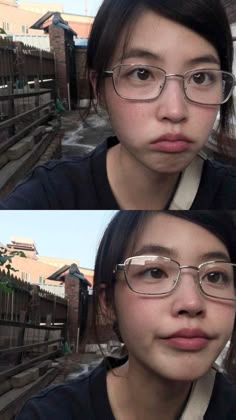 two pictures of a woman with glasses on