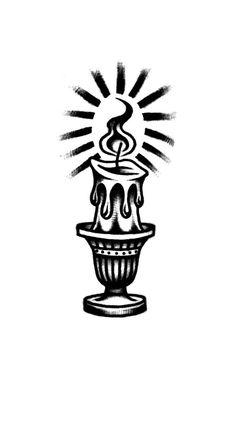 a black and white drawing of a lit candle on a pedestal with sunbeams above it