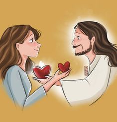 a man holding a heart in his hand next to a woman who is looking at him