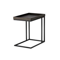 a black metal and wood side table with a square tray on the top, sitting against a white background