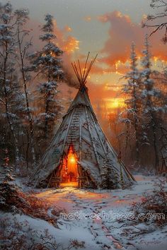 a painting of a teepee in the woods at sunset with snow on the ground