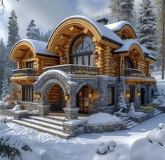 a large log house with snow on the ground