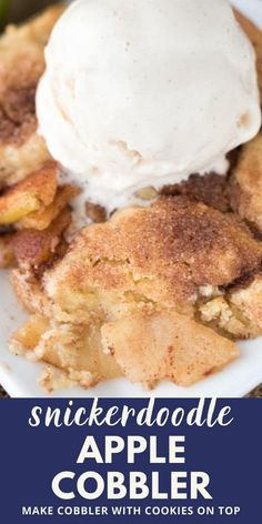 a close up of a plate of food with ice cream on top and an apple cobbler in the background