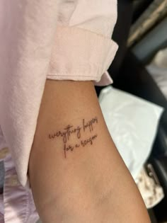 a woman with a tattoo saying everything happens for a reason