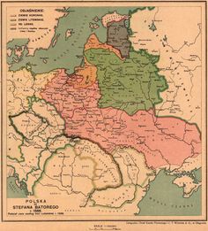 an old map shows the territory of ukraine and other countries in red, green, yellow, and brown