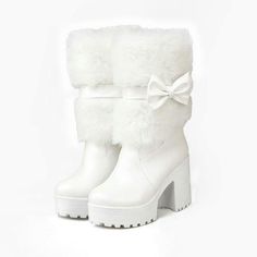 Chunky Heel Platform Boots, White Platform Boots, Embellished Boots, Almond Toe Boots, Thick Heel Boots, Boots Chunky Heel, Chunky Heel Boots, Bow Boots