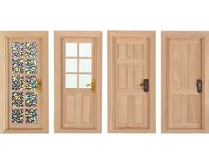 three doors with different designs on them and one has a glass window in the middle