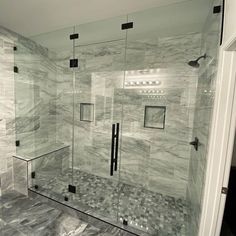 a walk in shower sitting inside of a bathroom