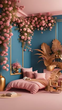 a bedroom decorated in pink and gold with flowers hanging from the ceiling, bed linens on the floor