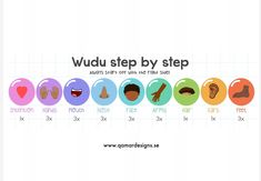 the words wudu step by step are arranged in different colors and shapes, including hearts