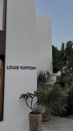 the entrance to louis vuitton is shown with potted plants in front of it