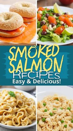 the cover of smoked salmon recipes easy and delicious, with pictures of different foods on plates