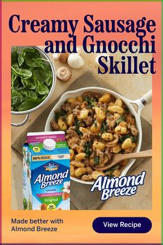 an ad for creamy sausage and gnocchi skillet