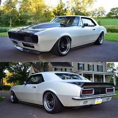 two pictures of a white muscle car parked in front of a house